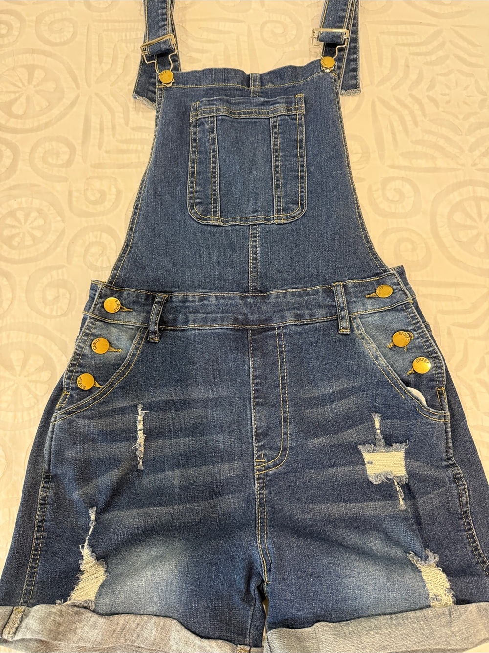 Denim Short Overalls - Blue with Distressed Detail